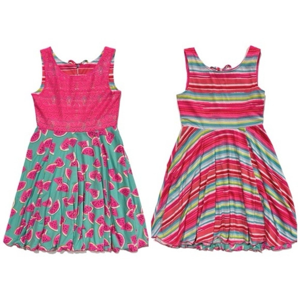 Emily West Girls Reversible Dress Pink Stripes / Watermelon Sz 8/10